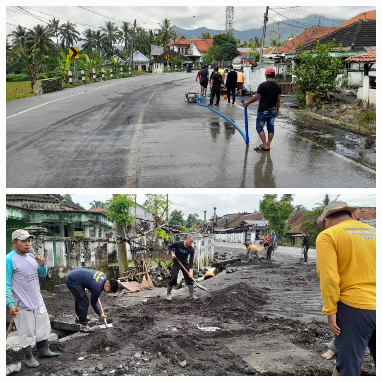 kerja bakti pembersihan material genangan air di Jalan Nasional Lumajang - Malang Dusun Krajan Desa 